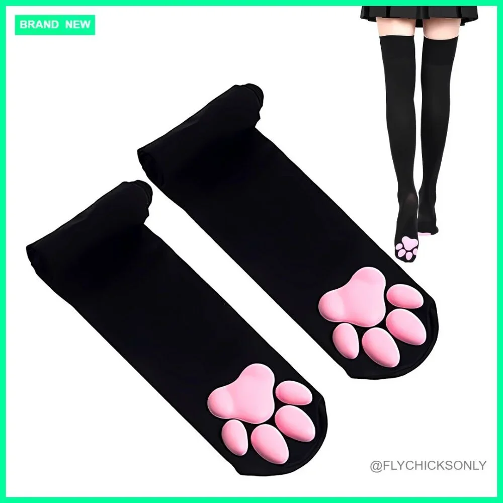 Cat Paw Thigh High Socks with 3D Toe Beans, Soft Velvet Material, Medium Size